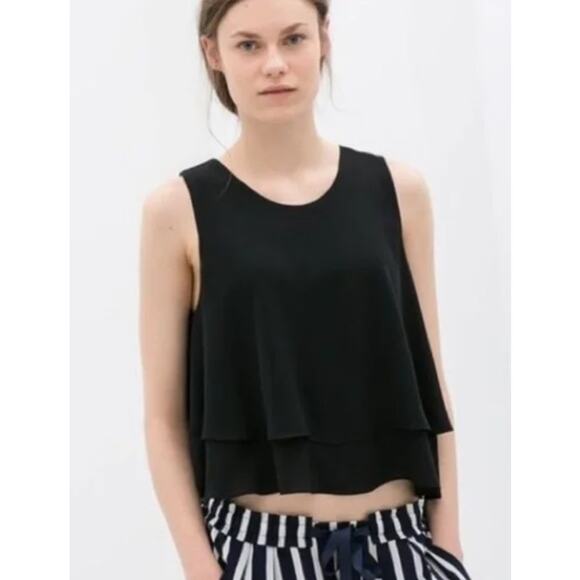 Zara Basic Crop Top Women's Medium Black Layered Tiered Keyhole Flowy Minimalist - Picture 1 of 7
